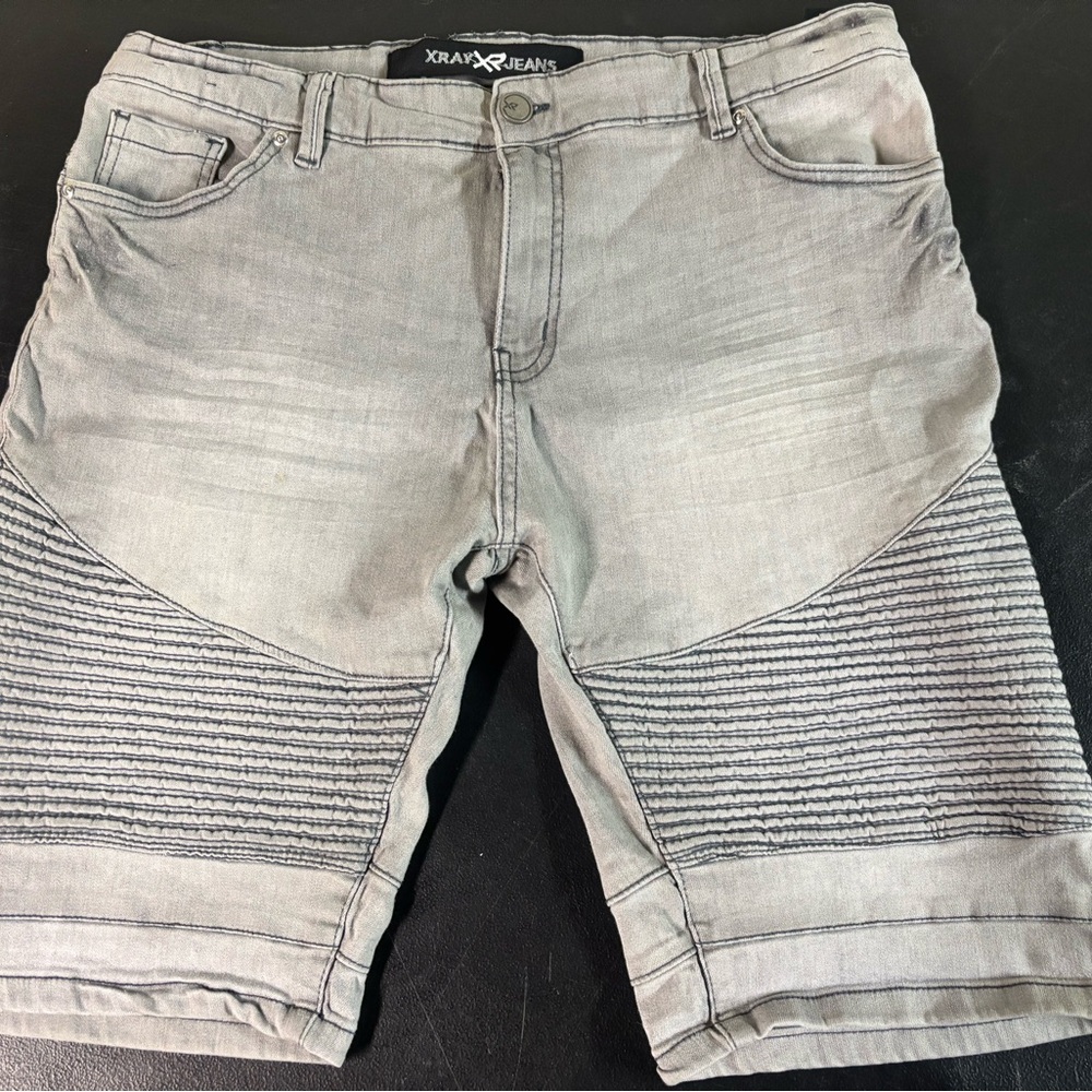 Gray Jean Shorts with Ribbed Panels
